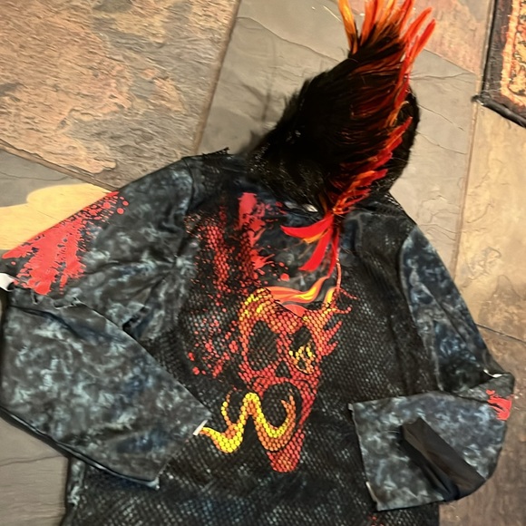 Punk EMO rocker ZOMBIE BIKER skull shirt Halloween Costume flame MOHAWK BOYS LG - Picture 14 of 15